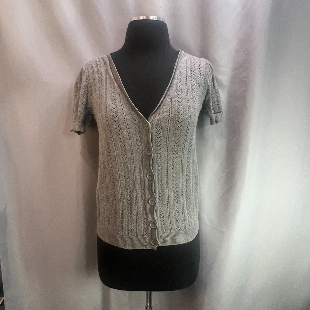 I Love H81 Cardigan Sweater Womens Medium Gray Cable Knit V Neck Puff Sleeve